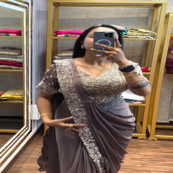 Embroidered Chinon Ready-to-Wear Drape Saree with Stitched Blouse